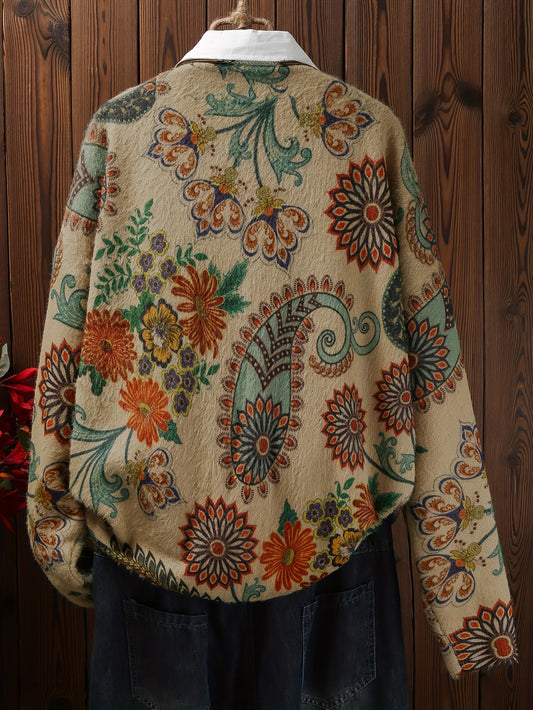 Vintage floral and leaf print cardigan for plus size women, cozy button-up knit outerwear perfect for fall/winter.