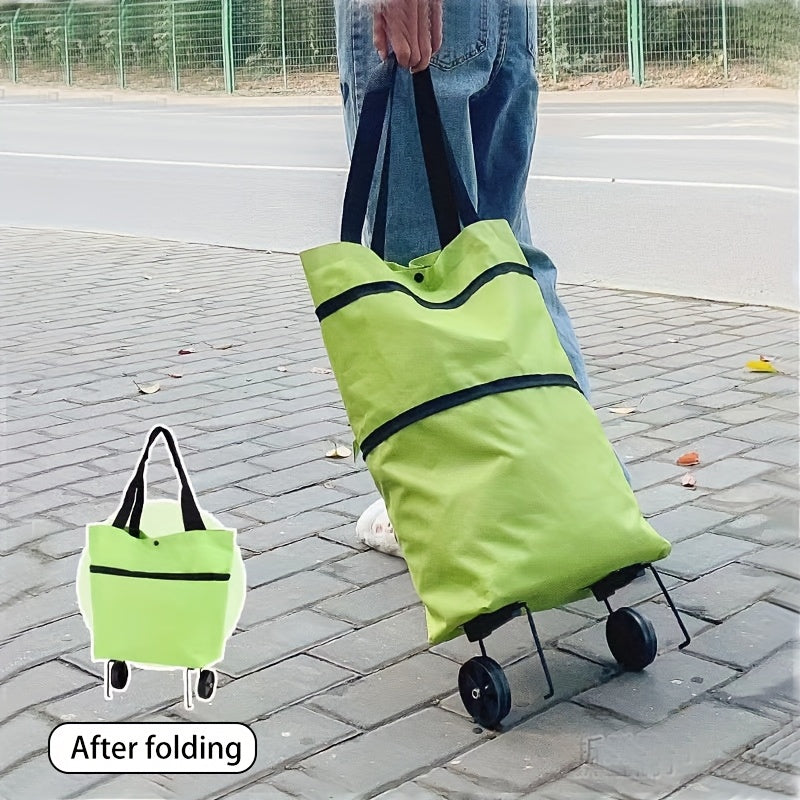 Perfect for shopping and storage, this foldable shopping cart tote bag with wheels is a convenient option. Made of waterproof Oxford fabric, it has a smooth zipper, hand strap, and wear-resistant roller. The large capacity, lightweight design makes it