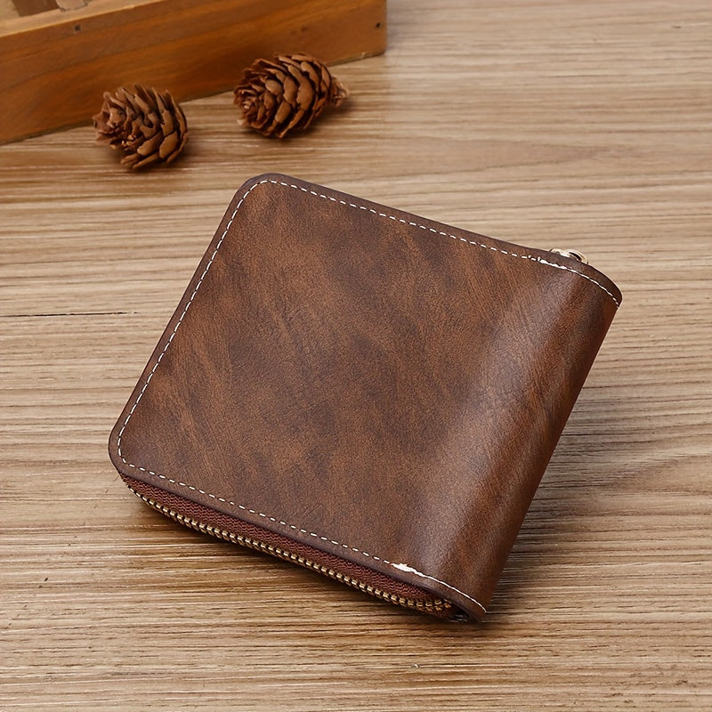 Men's small PU zipper bag with button decoration, credit card holder, and bifold design.