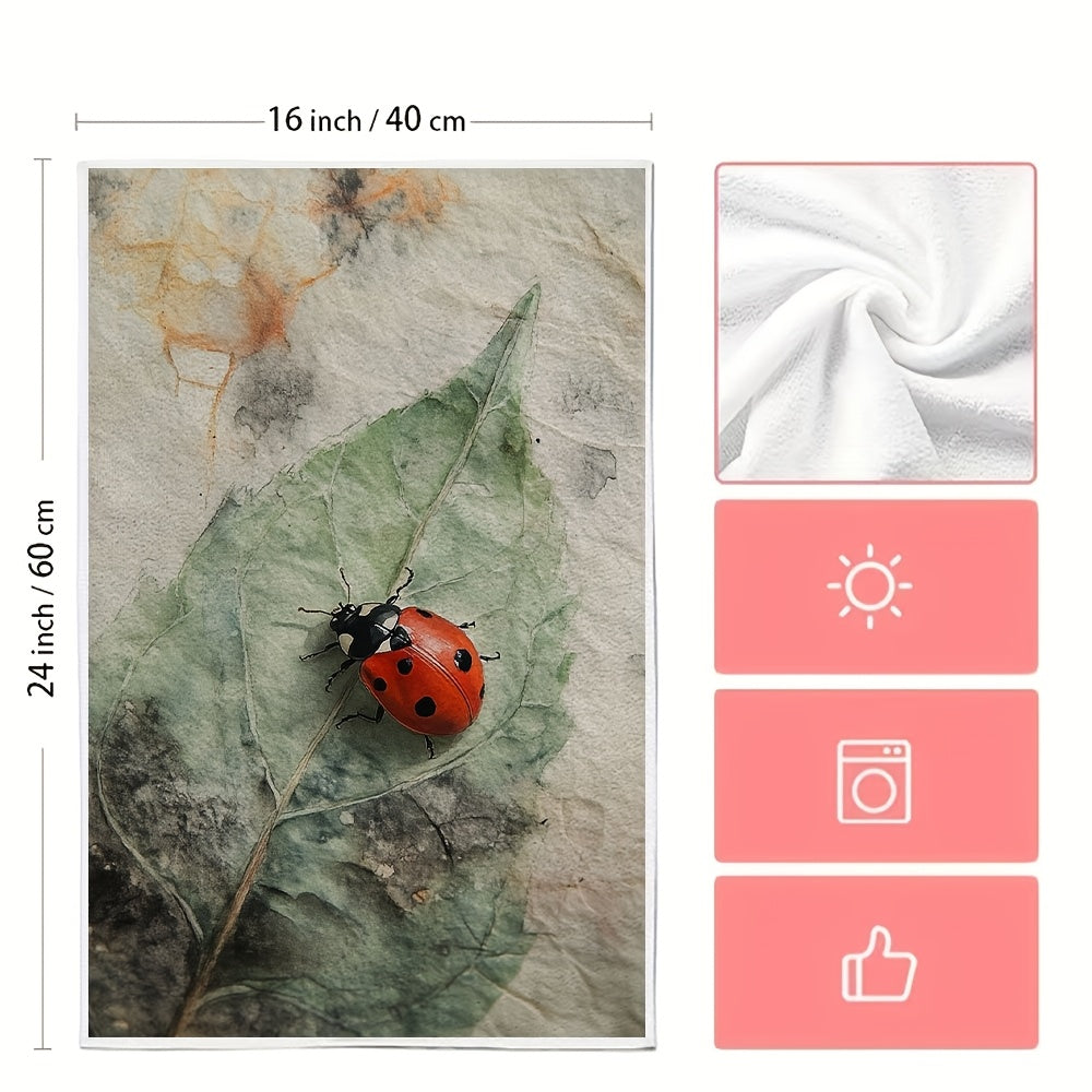 Two Coastal Style Ladybug Kitchen Towels made of highly absorbent polyester knit fabric. These machine washable hand towels are designed in a contemporary oblong shape, perfect for holiday decor. Each towel measures 40.64x60.96 cm and is ideal for drying