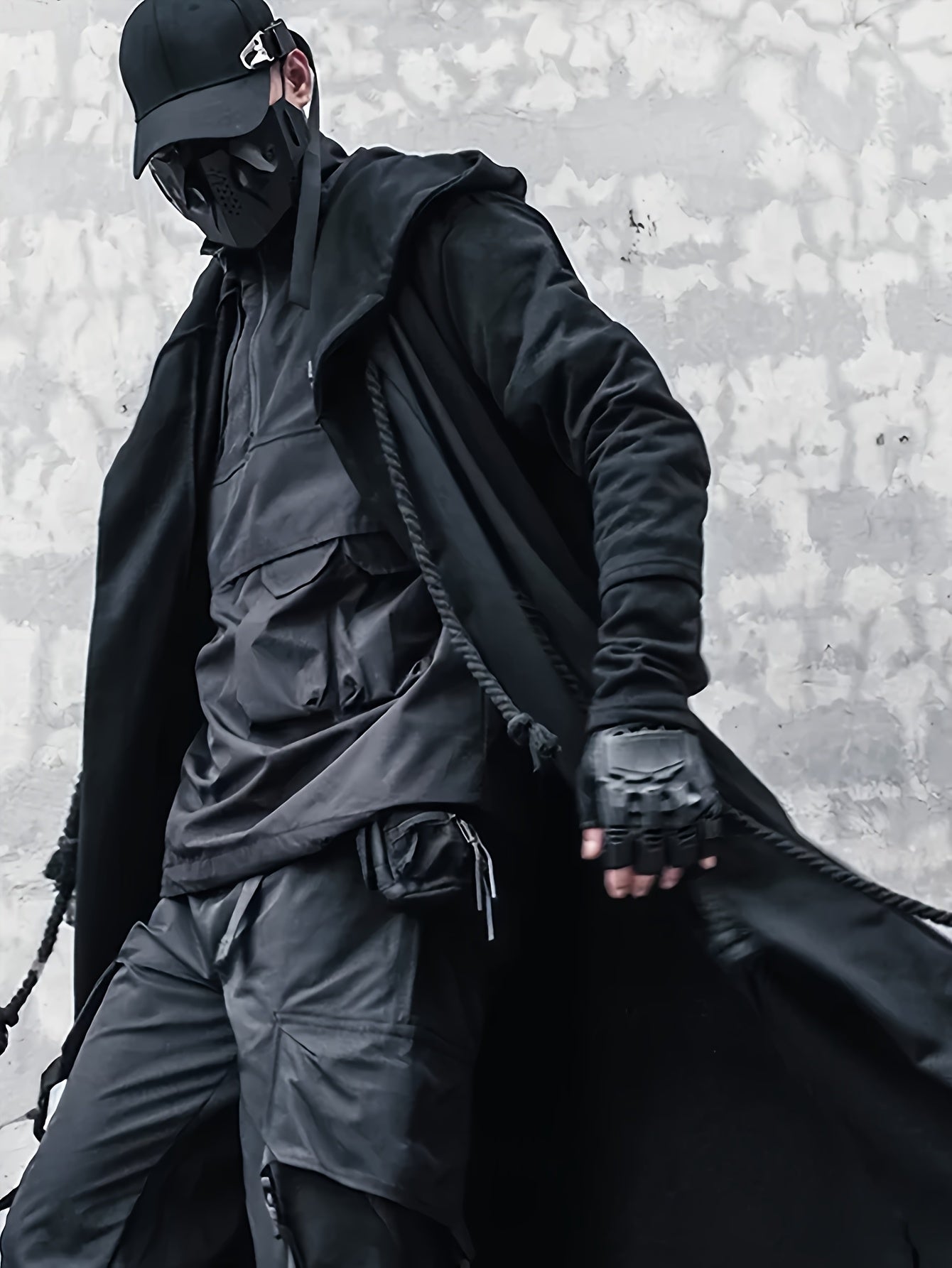 Men's black long shirt cape with hood and rope decoration, stylish streetwear with minimalist design, breathable and skin-friendly.