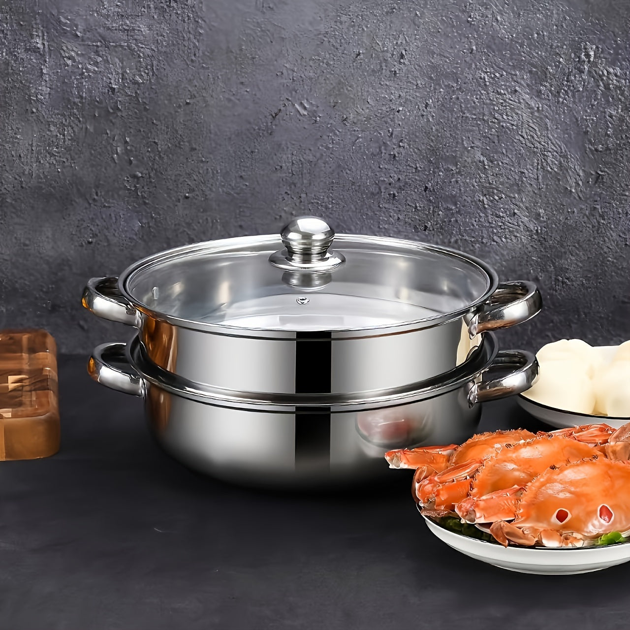 High-quality stainless steel double-layer steamer set suitable for both induction and gas stoves, ideal for cooking and entertaining.