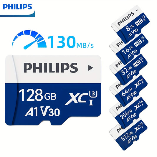 PHILIPS Micro SD card, ideal for 4K recording, monitoring, security cameras, action cameras, and drones. Features 130Mb/s read speed and UHS-I V30 Class 10 compatibility.