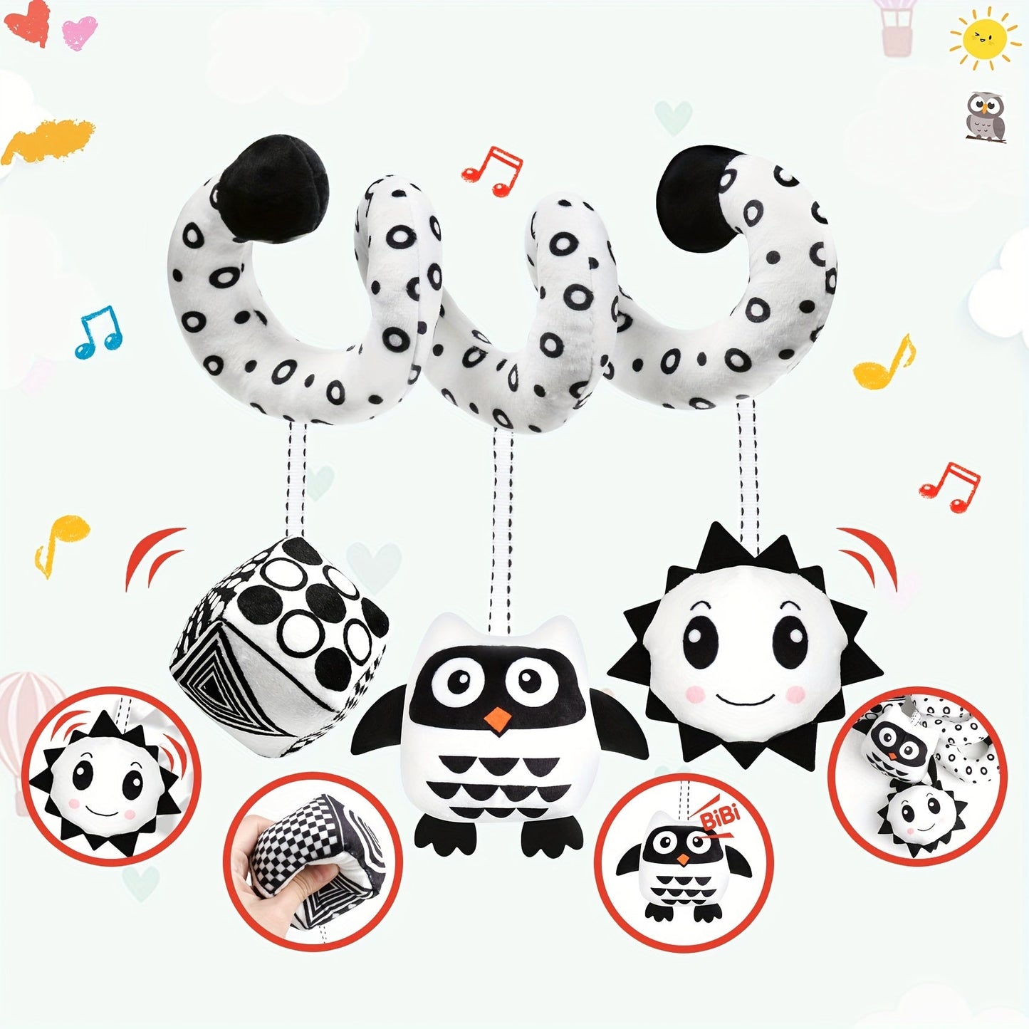 Newborn plush activity toy for bed, bassinet, crib, or baby carrier. This black and white high contrast spiral hanging stroller and car seat toy is perfect for stimulating your baby's developing senses. Great as a gift for new parents.