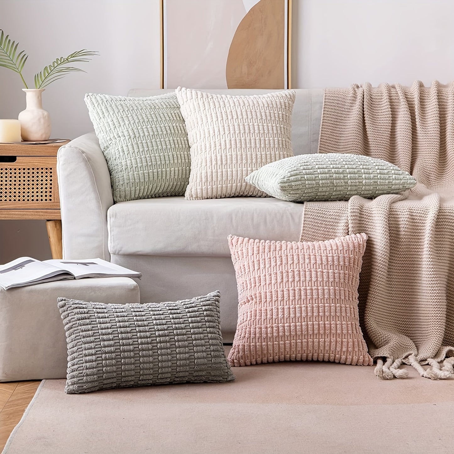 Reversible corduroy throw pillow cover with soft boho striped design, machine washable, zipper closure. Woven polyester, ideal for contemporary farmhouse home decor in sofa and living room. Size: 45.72x45.72 cm.