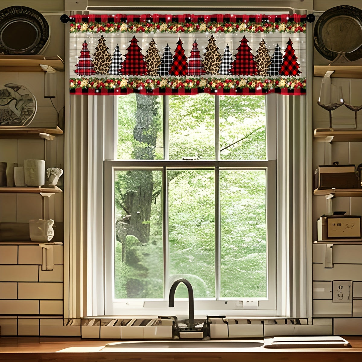 Get into the holiday spirit with our Christmas-themed kitchen valance curtain! This modern brushed fabric window treatment features a festive pine tree and ornament print. The twill weave light-filtering panel is perfect for adding a touch of Christmas