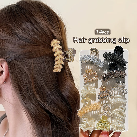 14 assorted resin hair clips for women, featuring sparkling diamonds and imitation pearls in a minimalist style with mixed colors and a half-zip back.