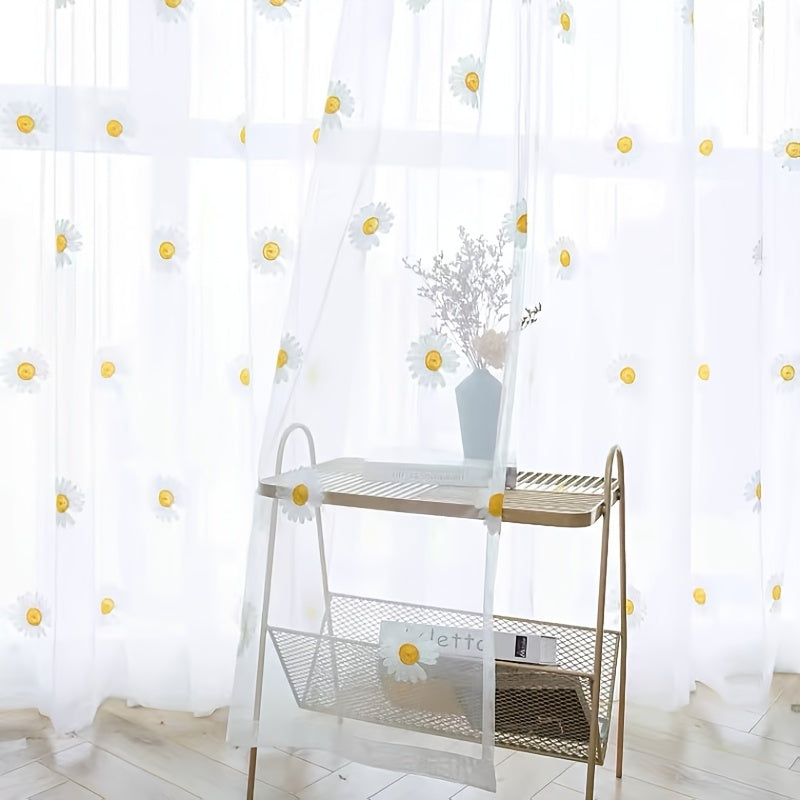 Yellow Daisy Pattern Tulle Curtain Sheer Panel with Embroidered Country Flowers Design, Grommet Top Window Treatment for Kitchen, Restaurant, or Home Decor