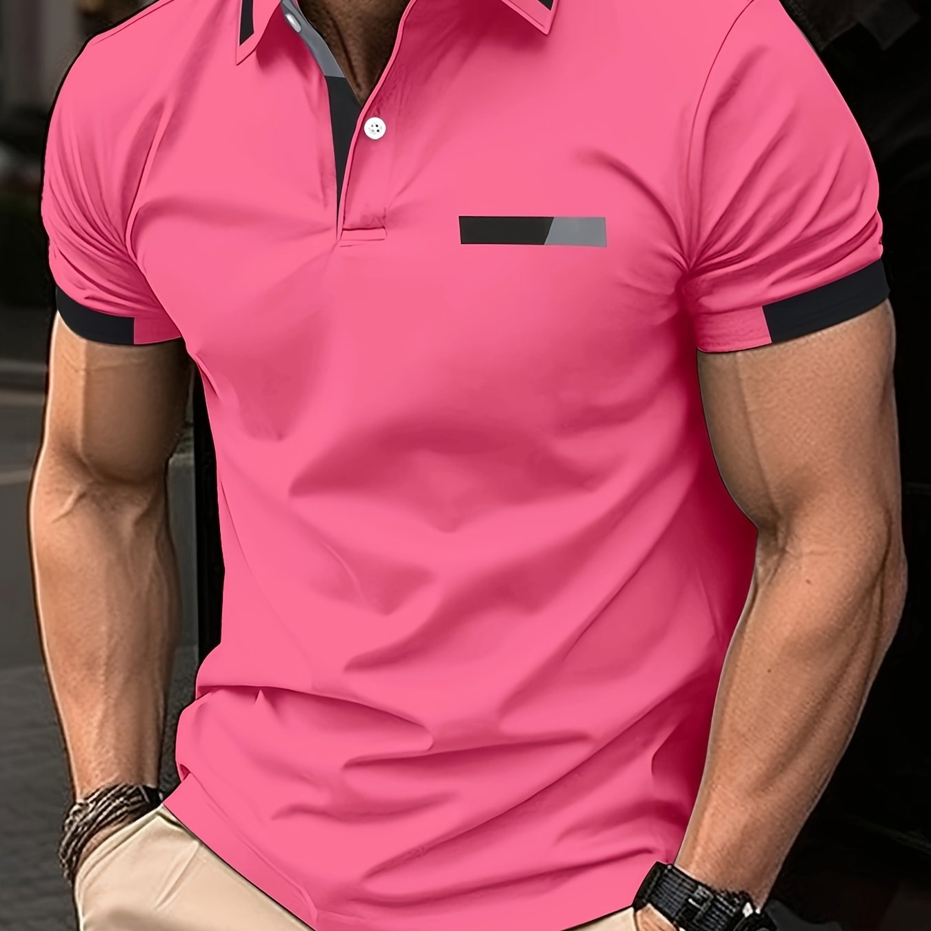 Men's short sleeve shirt with chest print, buttoned turnover collar, and thin summer style.