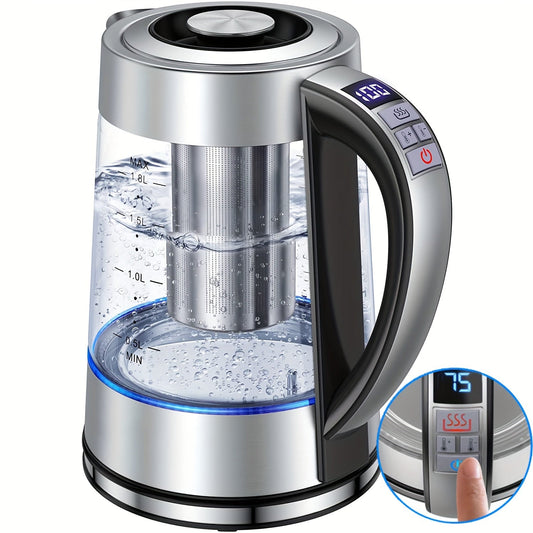 1 piece of a 1.8L Electric Glass Kettle with 12 temperature controls and up to 24 hours insulation. This electric kettle is suitable for making tea, coffee, and milk powder, and comes with a stainless steel strainer and inner lid. It can be used on a