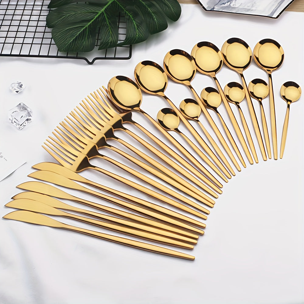 16-piece gold stainless steel cutlery set, ideal for weddings and special occasions, includes 6 steak knives, forks, and spoons. Durable tableware for home.