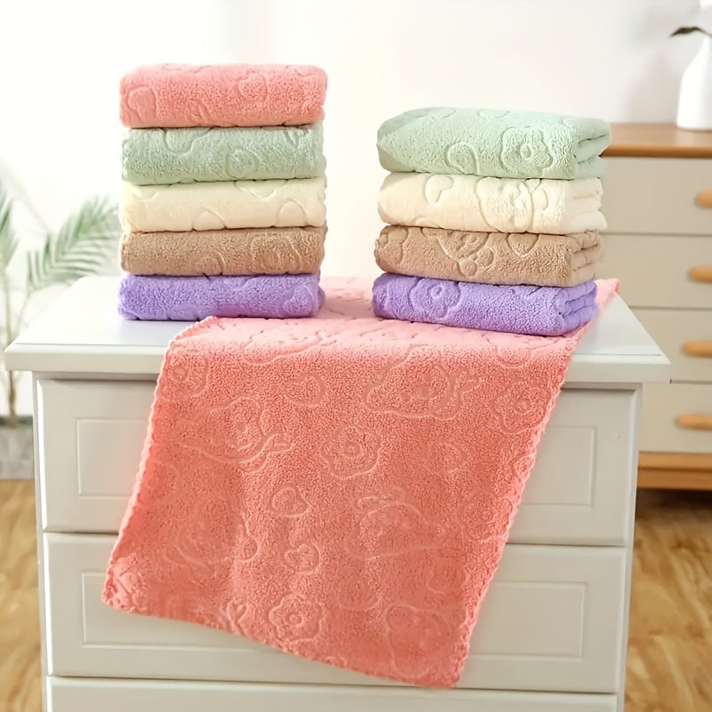 Set of five adorable towels featuring cute cartoon bears and flowers, with an embossed design. These soft, absorbent towels dry quickly and make a perfect gift for both men and women. Ideal for use in the bathroom, kitchen, living room, or bedroom. Made