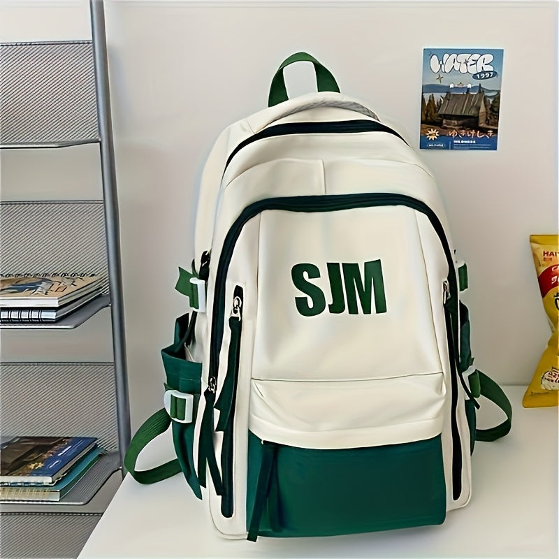 Durable Oxford Travel Backpack with Adjustable Straps, Multiple Compartments, White & Green Design, Zipper Closure.