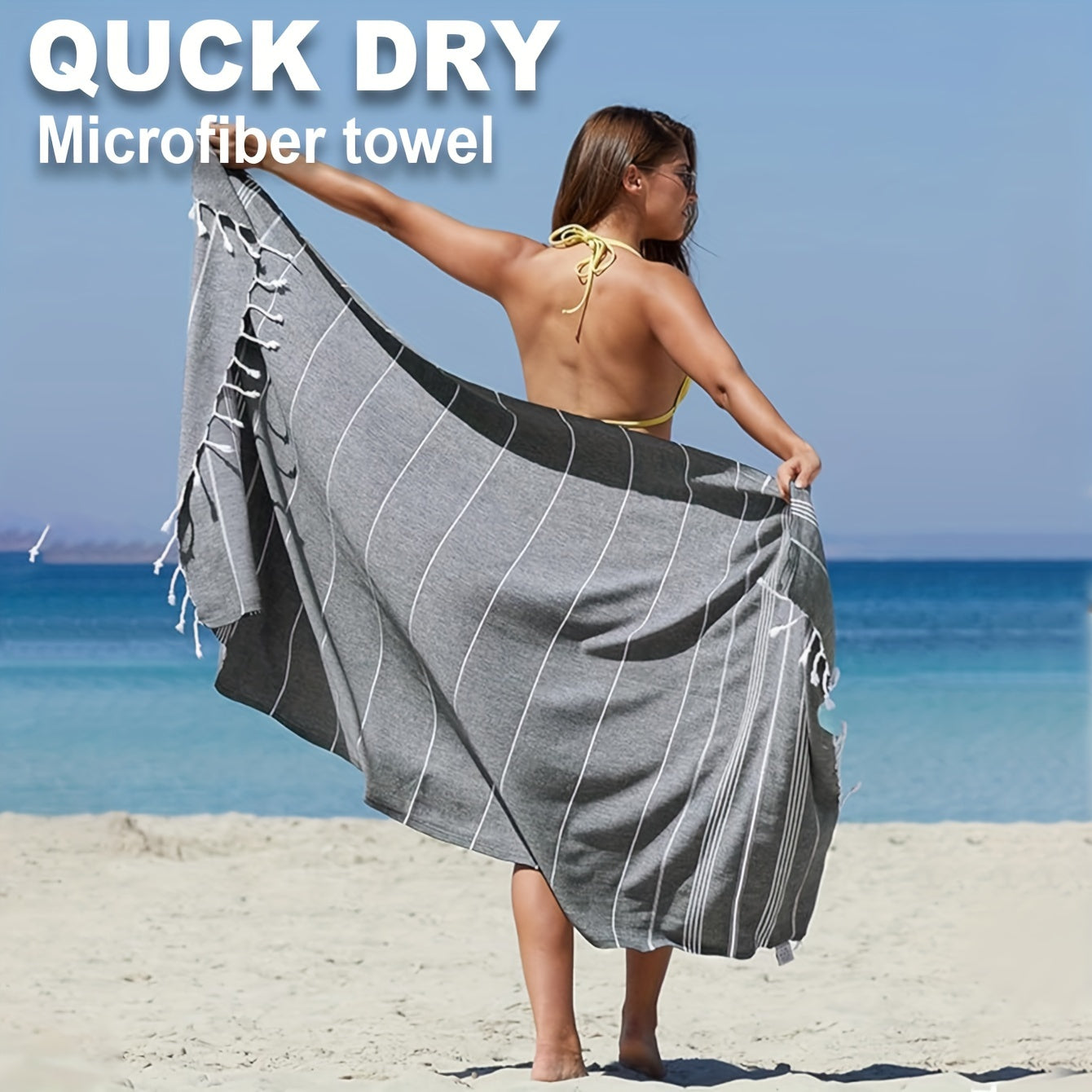 Turkish beach towel: quick-dry, sand-free, lightweight, oversized in striped patterns (yellow, white, blue, gray, pink) for pool, swim, travel. Ideal for camping, cruise, vacation, beach blanket.