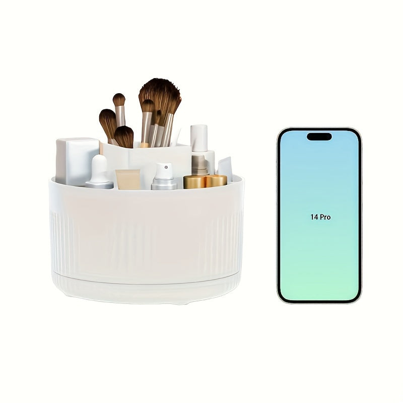 Multi-functional plastic cosmetic storage box spins for easy access to makeup, brushes, skincare, and more on bathroom countertops.