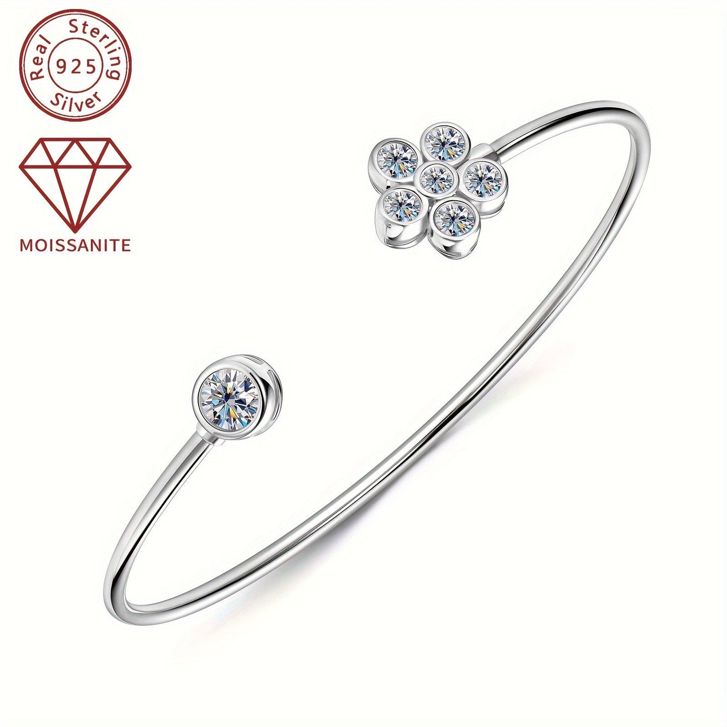 Adjustable Open Cuff Bracelet with Synthetic Moissanite Stones, 925 Silver and 14K Golden Plating, April Birthstone, Elegant Floral Design for Women, 1.06ct Total Weight - Perfect Accessory for Christmas and Wedding