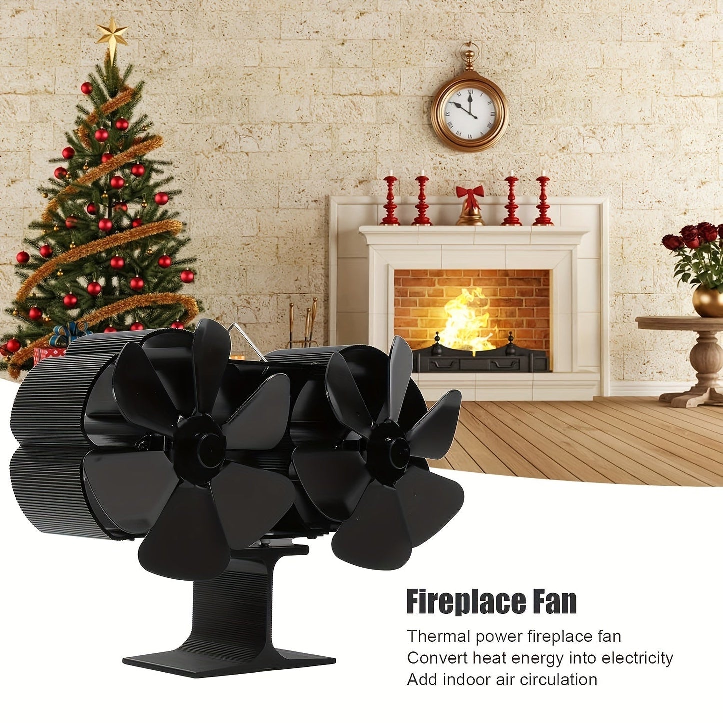 Two-Headed Fireplace Fan with Thermo-Electric Technology, Auto Start, High Heat Resistance, 6 Blade Design, Energy-Efficient and Quiet, Made of Premium Aluminum Alloy, Durable and Corrosion-Resistant, Provides Air Circulation for Freestanding Stoves