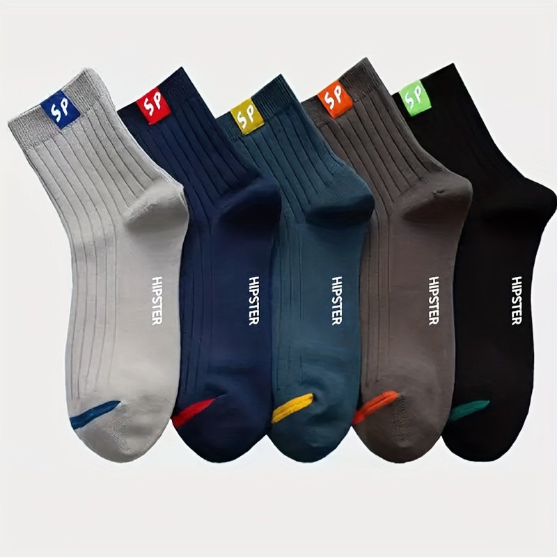 5/10 pairs of men's trendy letter pattern crew socks, breathable and comfortable for outdoor activities in all seasons.