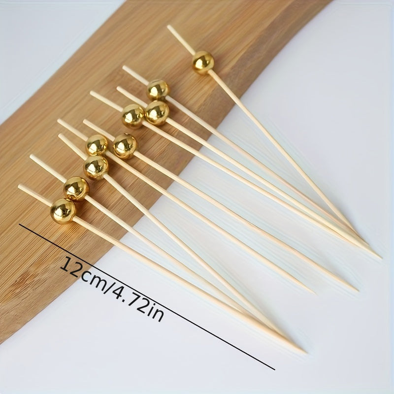 50/30 Bamboo Cocktail Picks with Golden Pearls - Elegant Skewers for Fruit, Cake, Snacks, and Appetizers - Ideal for Parties and Events