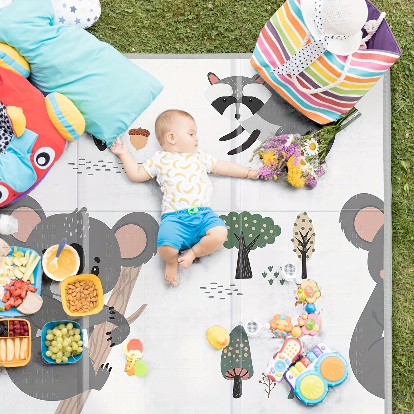 The Waterproof Foldable Play Mat measures 127.0x127.0 cm and features dual-side Koala & Star patterns. Made of PE foam, this floor gym is ideal for children -8 years for nursing and playtime. It is portable for both indoor and outdoor use, making it the