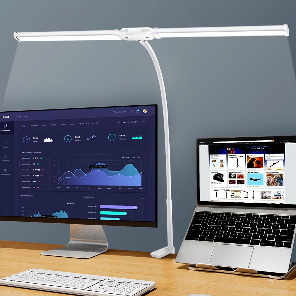 Dual LED Desk Lamp with Clamp - 3 Modes, 10 Brightness Levels, Flexible Gooseneck & Swing Arm, USB Powered. Ideal for Reading, Studying, Office Work, Task Lighting.