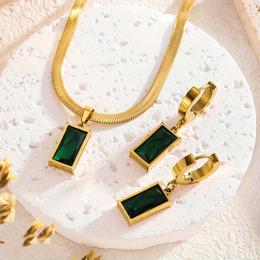 Chic Bohemian 3-Piece Jewelry Set: Gold Plated Stainless Steel with Green Synthetic Zirconia Pendant and Earrings - Stylish Option for Everyday Wear or Vacation, Safe for Sensitive Skin