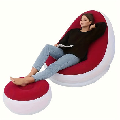 The Inflatable Lazy Sofa Chair with Footrest is a portable and foldable outdoor lounger made of comfortable velvet fabric. It is easy to clean and can be used for various purposes. No assembly is required, and it includes an inflation pump. It is