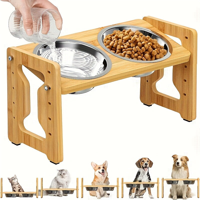 Sturdy adjustable pet feeder with bamboo stand, 2 stainless steel bowls, and tilted design for easy eating and drinking.