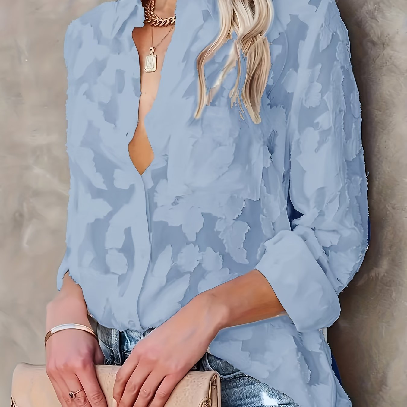 Light blue jacquard button-up shirt, semi-sheer polyester material, machine washable, with collar and pocket detail, versatile for all seasons.