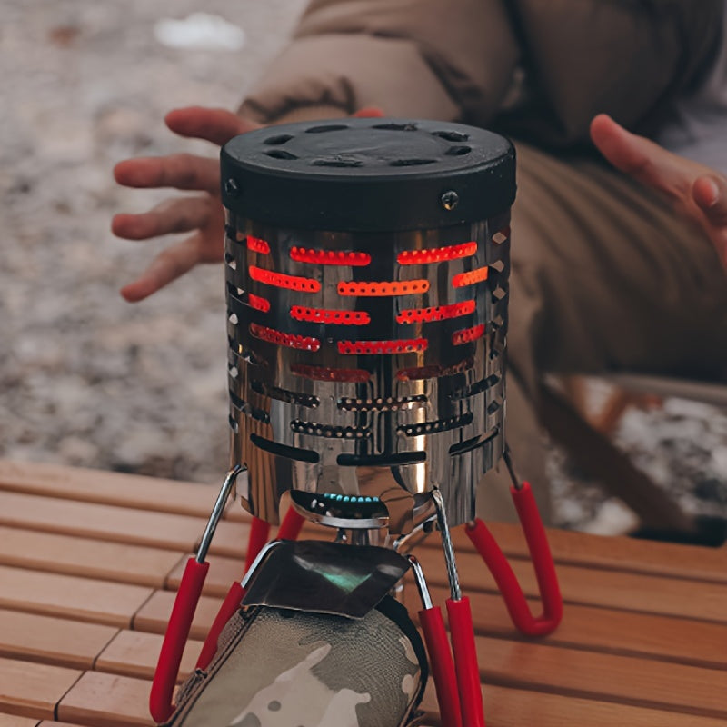 Compact stainless steel camping heater suitable for various stove heads, ideal for outdoor activities such as hiking and fishing.