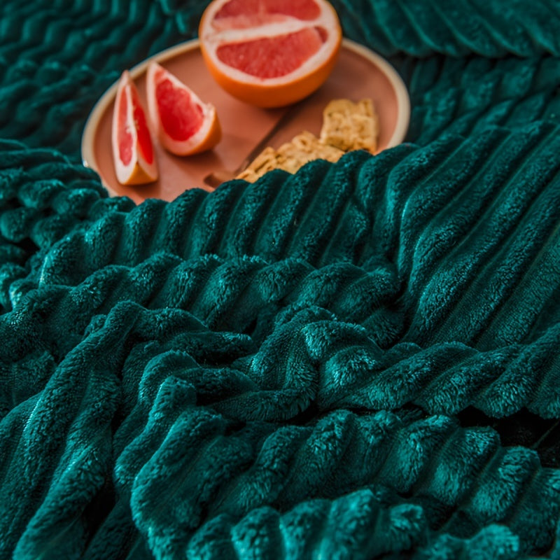 This luxurious Contemporary Green Striped Throw Blanket is crafted from soft and warm velvet knit, making it perfect for all seasons. It is designed with a simple striped pattern and has no embellishments, giving it a sleek and modern look. Made from