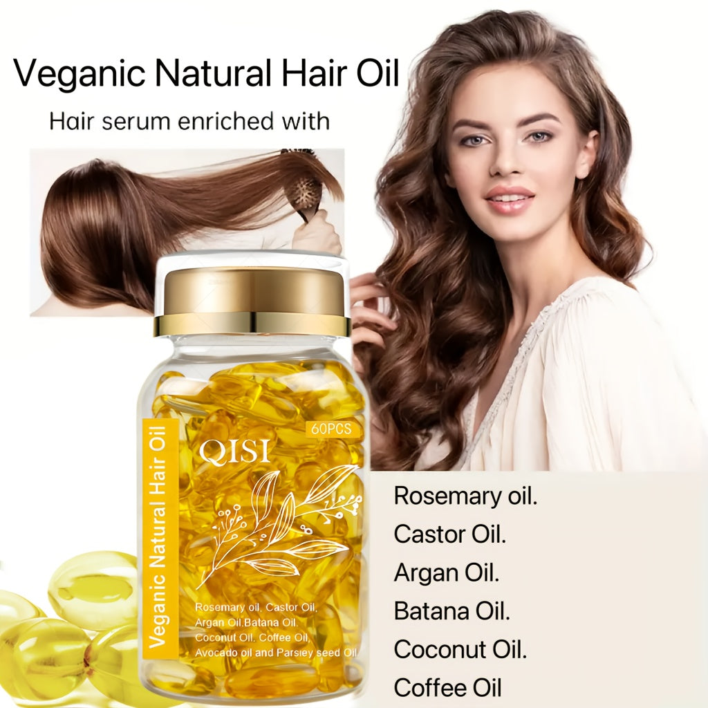 60 capsules of natural hair essence with rosemary, jojoba oil, argan oil, and coconut oil. Vegan formula strengthens and improves the appearance of all hair types.