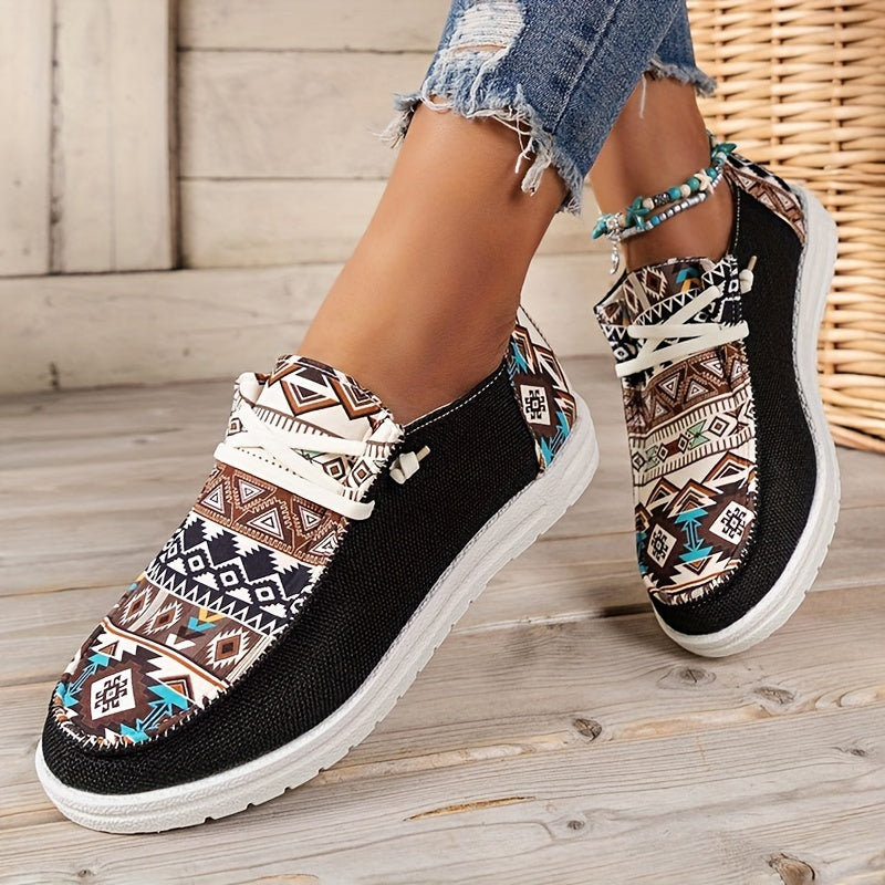 Women's Geometric Pattern Canvas Shoes, Casual Low Top Flat Shoes, Lightweight Sneakers