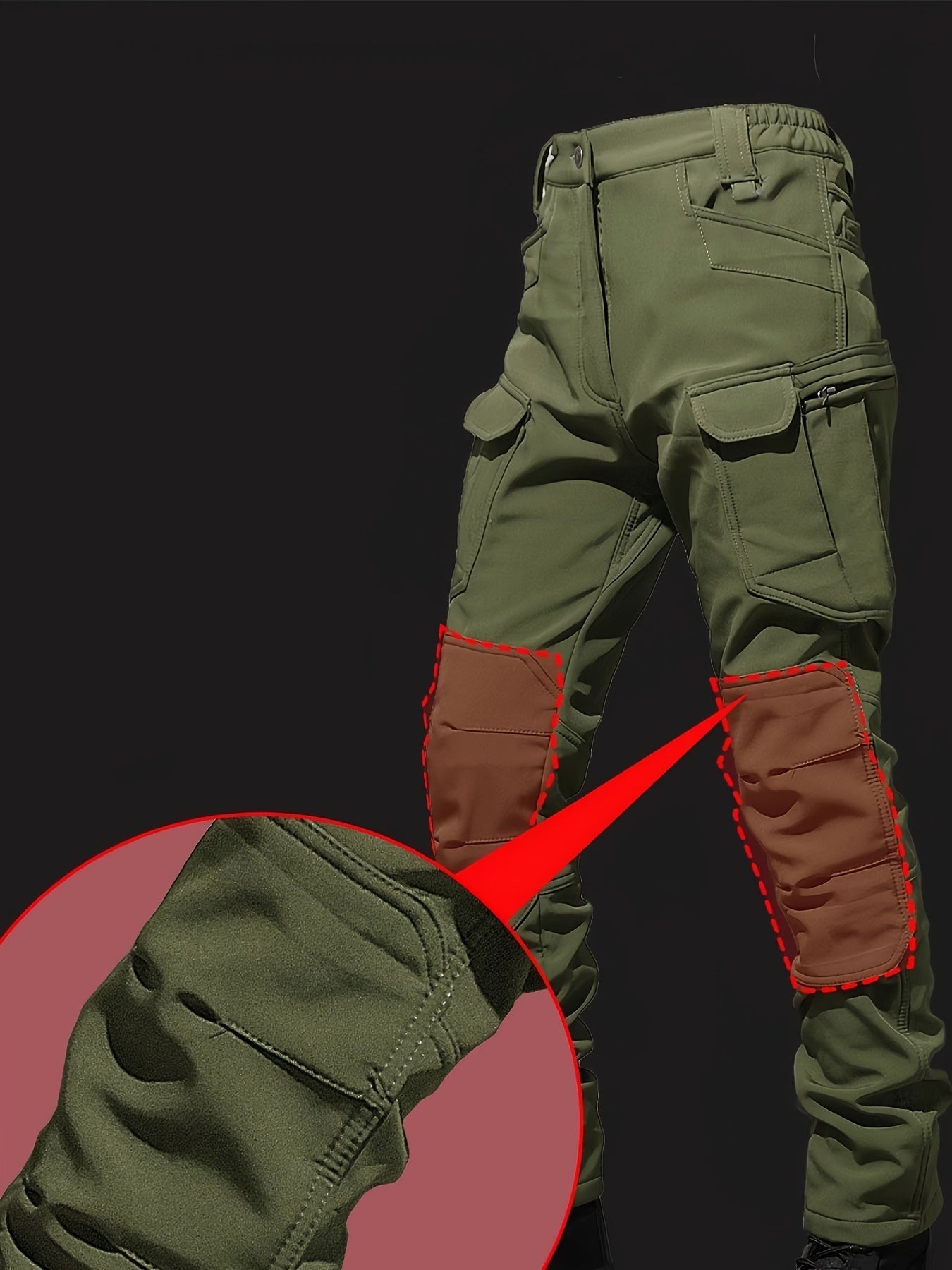 Men's fleece-lined tactical cargo pants with multiple pockets, windproof, soft shell, loose fit for autumn & winter. Olive green, polyester & spandex blend, machine washable.