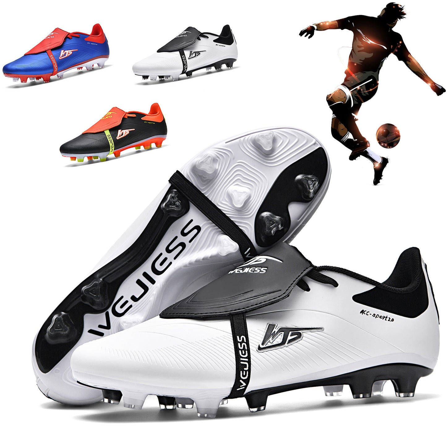 Men's High-Top Soccer Cleats with Anti-Slip Spikes, Breathable Design, Lightweight, Hook-and-loop Fastener, Black & White, Competition Soccer Cleats with Breathable Lining.