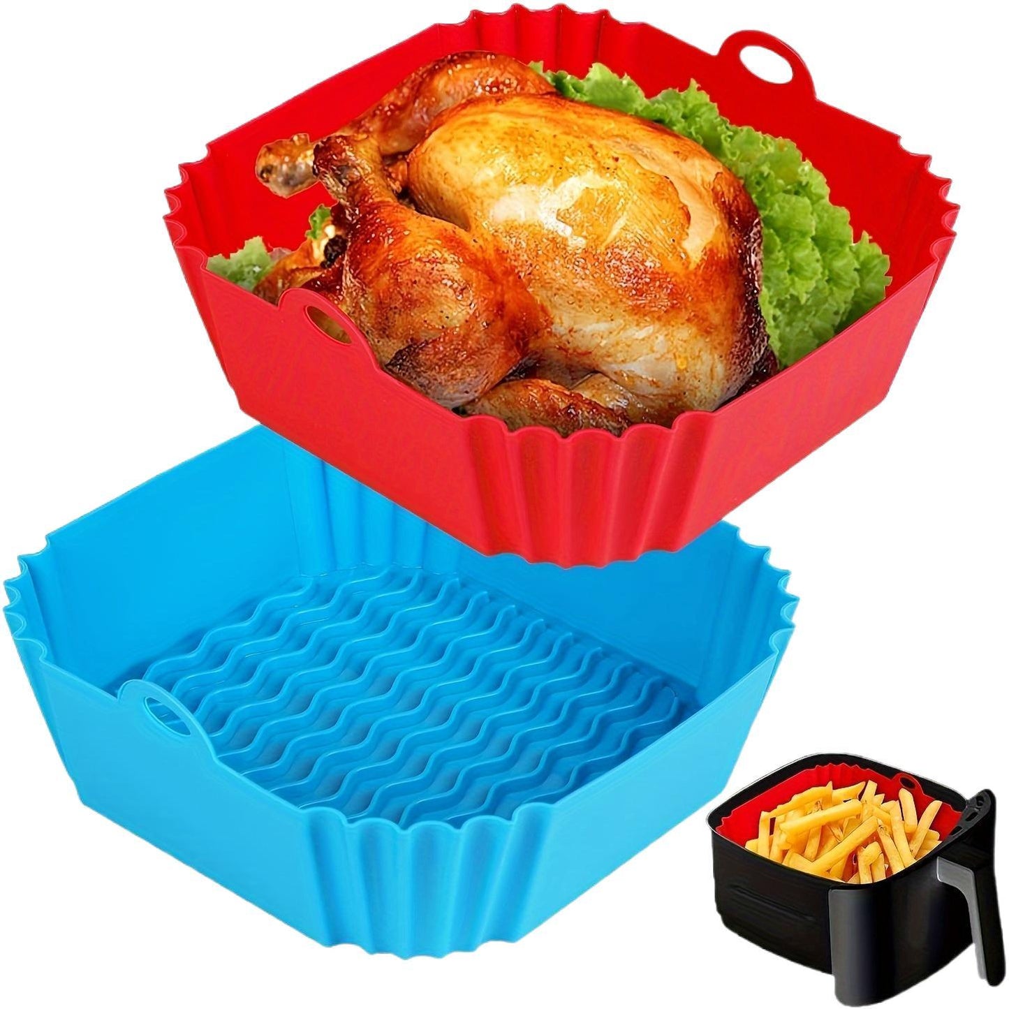 Reusable Silicone Air Fryer Liner in Square Shape, 20.32cm Size, Non-Stick and Food-Safe. Compatible with 4-7QT Ovens, Microwave, and Refrigerator. No Electricity Required. Available in Red and Blue.