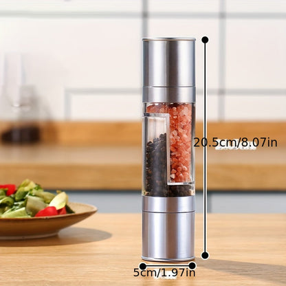 [Bestseller] Single Dual-Head Manual Pepper Grinder - Made with Stainless Steel, Durable Plastic, and a Transparent Design for Freshly Ground Black Pepper and Spices, a Must-Have Kitchen Tool with a Wooden Base