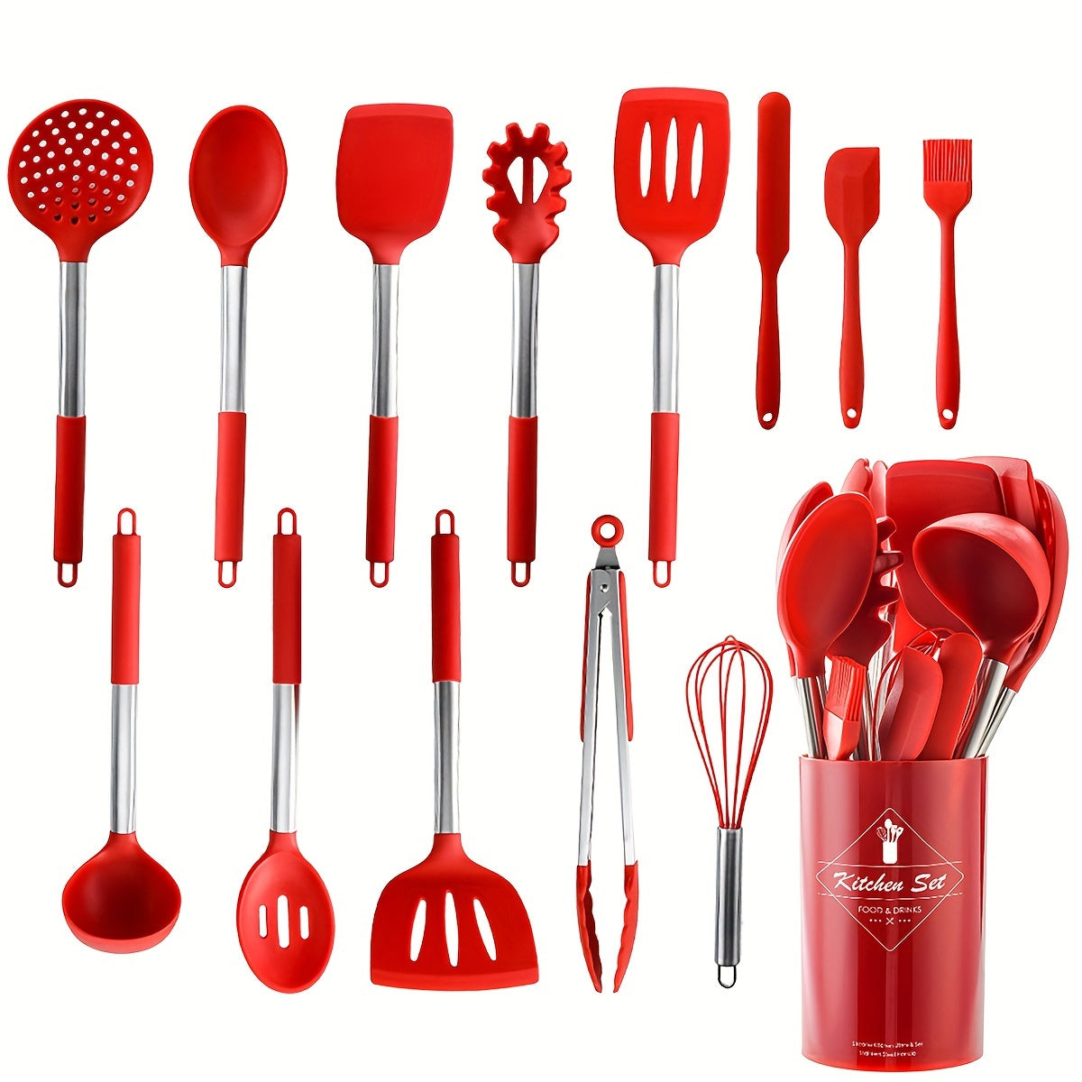 Get ready for holiday cooking with this 14-piece silicone kitchen utensil set! Includes spatulas, spoons, turners, whisk, scraper, and storage holder. Perfect for Christmas, Halloween, Easter, Hanukkah, Thanksgiving, and more.