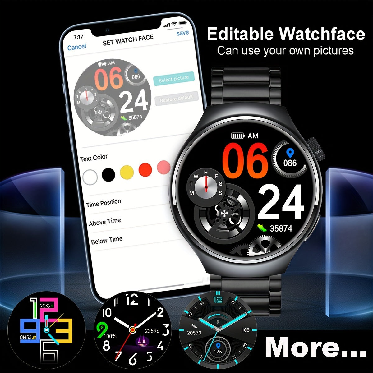 1.39-inch smartwatch with full touch screen for wireless calls, supports Android and iPhone, 100+ sports modes, customizable faces, tracks calories, steps, distance, and sports fitness.