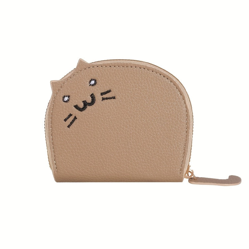 Charming cat-shaped casual wallet with synthetic material, card slots, zip closure, envelope design, easy to clean, and painted edge details.