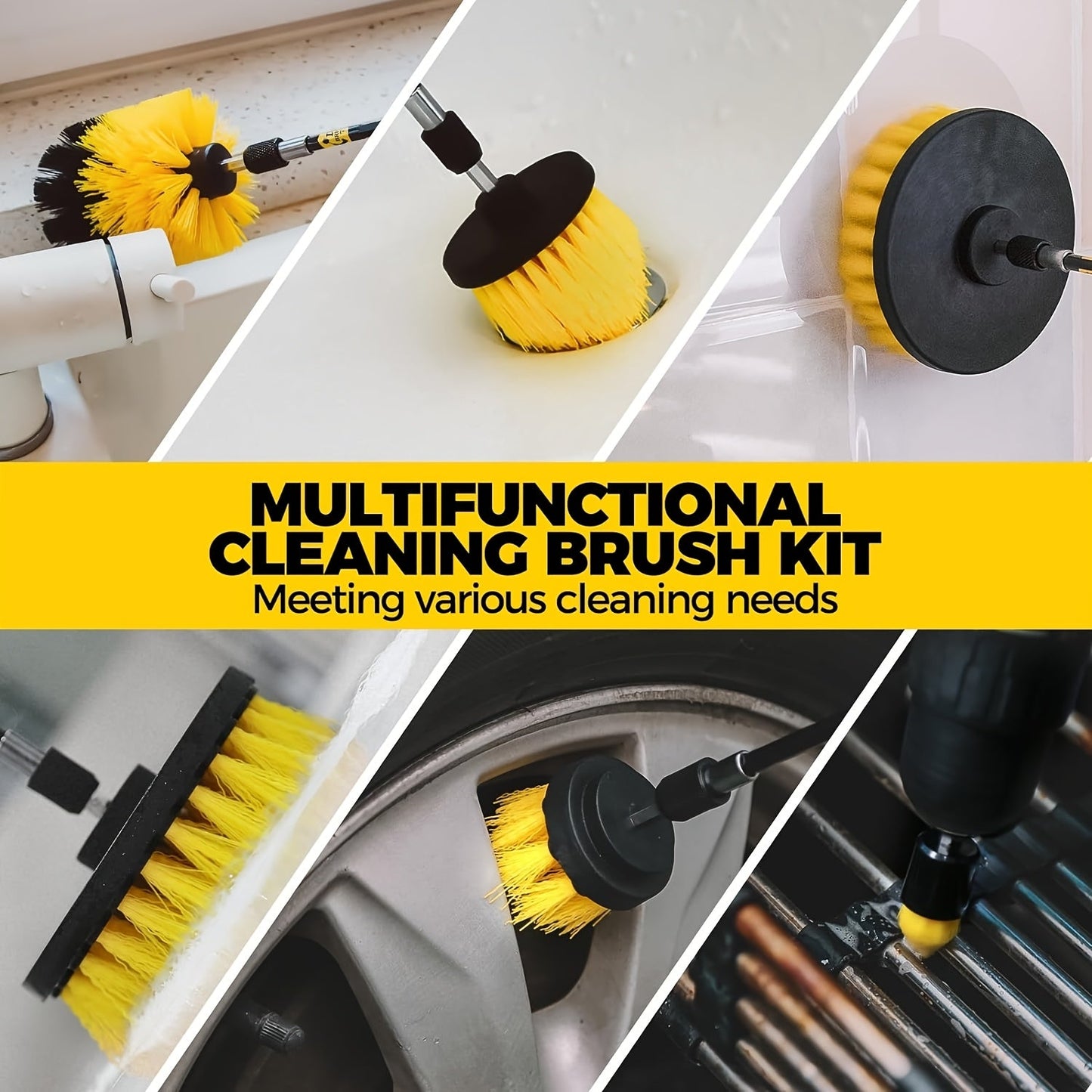 A versatile cleaning tool set featuring 8/12/24 drill brush accessories, an electric brush, extension rod, window brush, and blind spot brush. Ideal for use in the bathroom, kitchen, toilet, car, walls, and glass surfaces. Perfect for all your cleaning