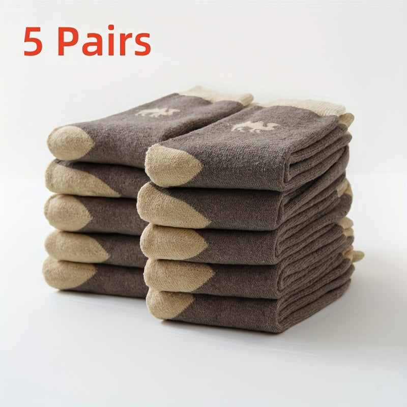 5 pairs of men's comfortable camel pattern thermal crew socks made from a cotton blend knit fabric with polyester and elastane for warmth and comfort.