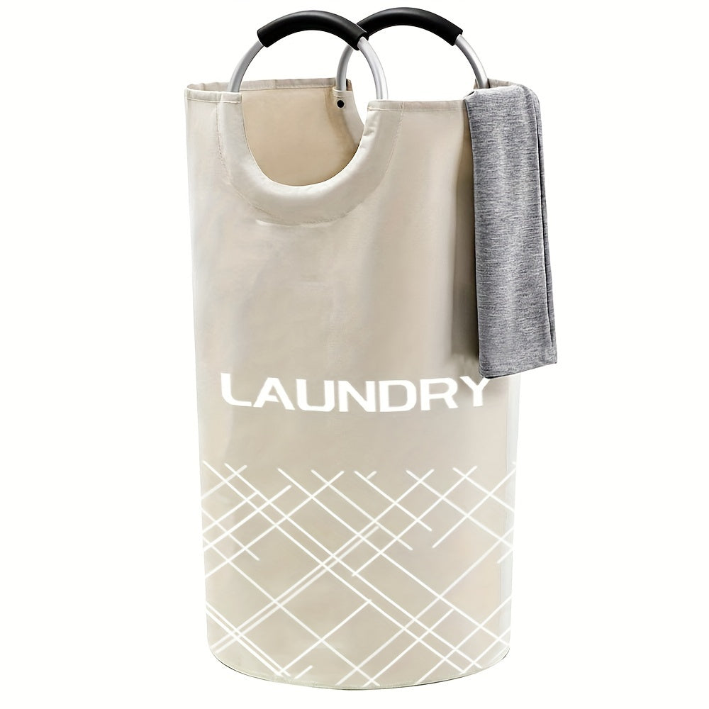 Large Capacity Laundry Basket with Waterproof Fabric and Foam-Protected Aluminum Handles, perfect for Dorm, Family, and Travel. Collapsible, Folding, and Tall Clothes Organizer in Casual Style Round Shape. Laundry Basket is 1 pc and has a capacity of