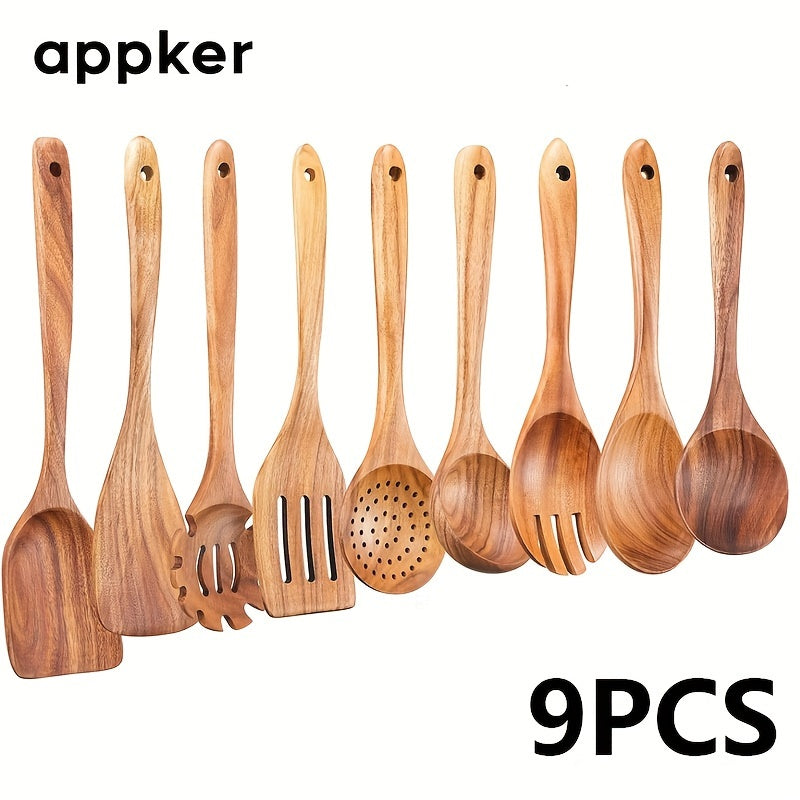 Set of 9 Acacia Wood Kitchen Utensils - Includes Cooking Spoons, Spatulas, Noodle & Fish Fryers - Made from Natural Wood, Food-Safe, Non-Stick, and Durable Cookware for All Ingredients