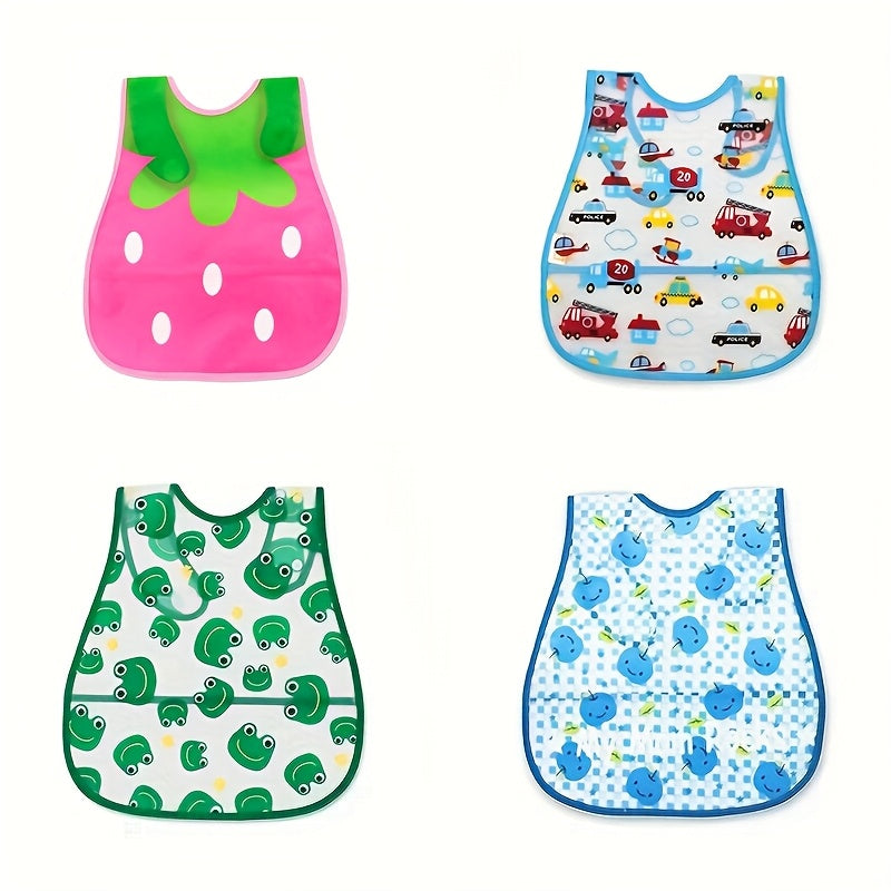 Waterproof bib for boys and girls with snap closure, dirt-resistant pockets, cute strawberry and car prints, made of comfortable EVA material. Suitable for universal feeding, featuring