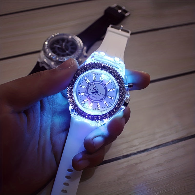 Glow-in-the-Dark Silicone Watch with Rhinestone Accents, LED Time Display for Men, Women, & Youngsters, Quartz Movement, Casual Fashion Accessory, Fun Nightwatch, Analog Display, Silicone