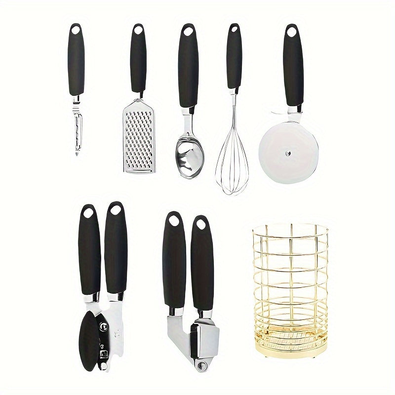 Set of 7 stainless steel kitchen utensils with comfort grip handles. Includes whisk, grater, peeler, ice cream scoop, can opener, garlic press, and pizza cutter. Ideal for various cooking tasks.