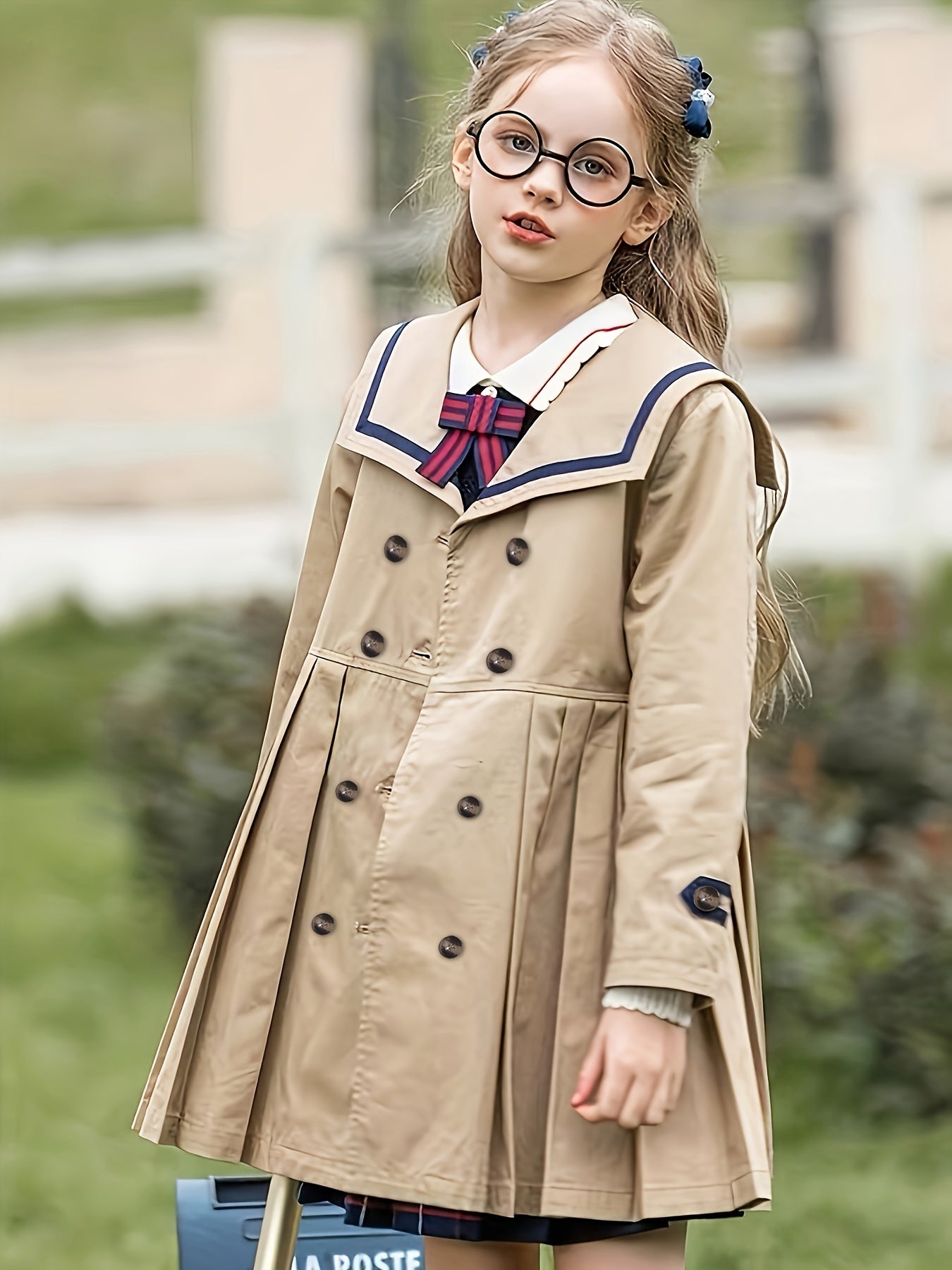 Girls' lightweight British-inspired school uniform trench coat and pleated skirt set. Windproof polyester material with front buttons. Ideal for spring and autumn. Available in sizes 4-12.