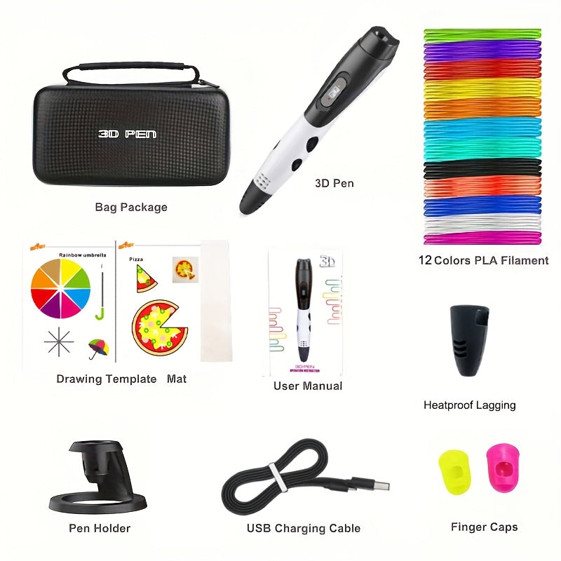 SETOOKJ 3D Printing Pen Kit - USB Powered with 12 Colors PLA Filament, Stencil Guide, User Manual; No Battery Needed