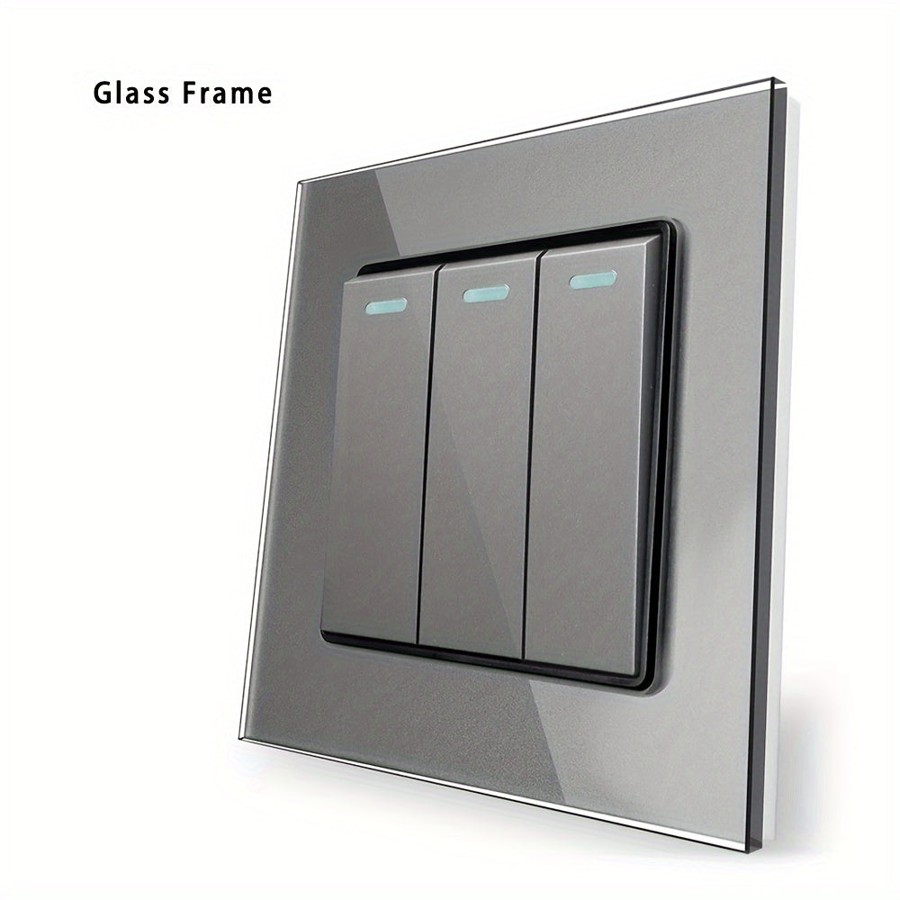 Sleek tempered glass crystal wall switch available in white, gray, and black in 1GANG, 2GANG, and 3GANG options.